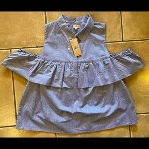 Daniel Cremieux Short Sleeve Cold Shoulder Button Up Blouse in Chambray Blue